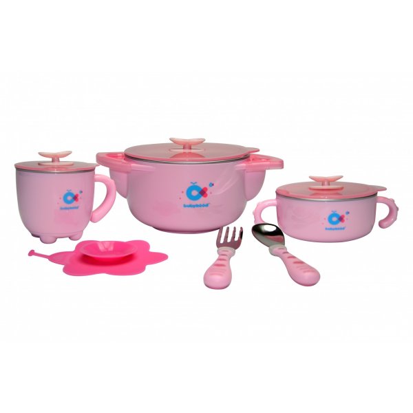 Набір дитячого посуду Babyhood 5 в 1 для годування рожевий (BH-404P) (6923149602932)
