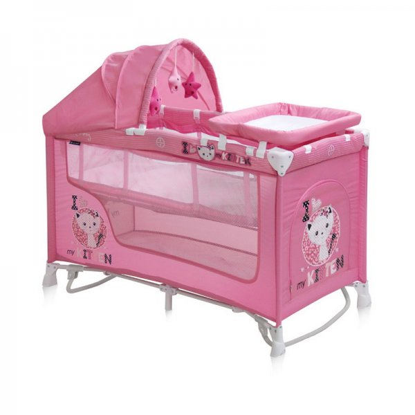 Манеж-кровать Lorelli Nanny 2 layer plus rocker pink kitten