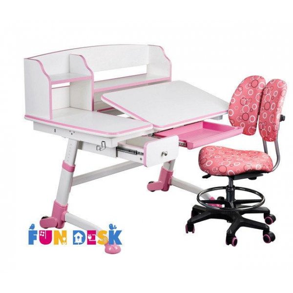 Парта растущая для девочки FunDesk Amare II Pink с выдвижным ящиком + Детский стул SST6 Pink