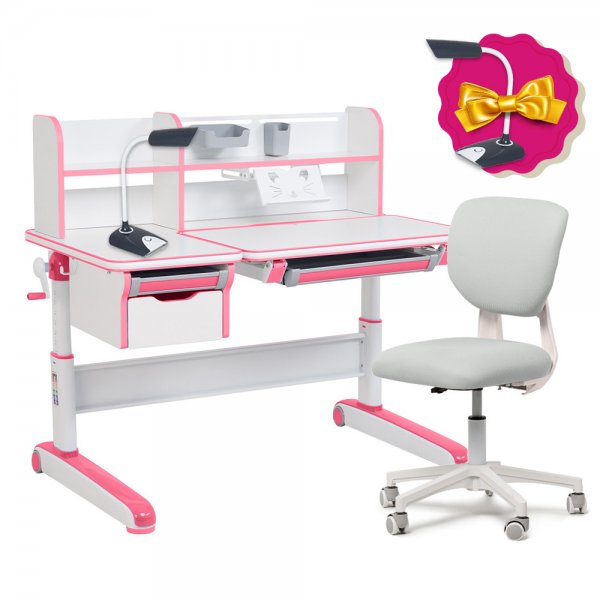 Комплект для дівчинки стіл-трансформер Libro Pink + ергономічне крісло Fundesk Buono Grey