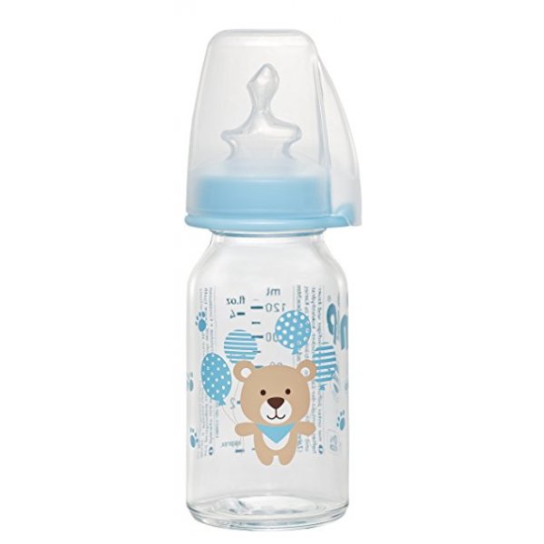 Стеклянная бутылка 125 мл,(мальчик)соска ортодонтическая,антиколикова,силикон S(медленный поток)