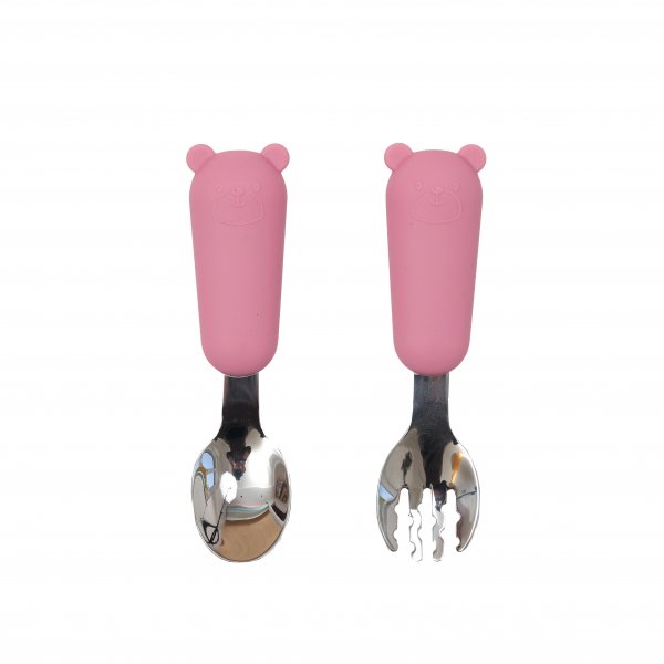 Приборы для кормления ( вилка и ложка ) Twins Мишка, pink, розовый