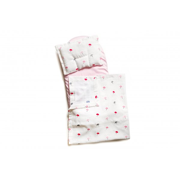 Набір в коляску Twins мусліновий (плед, подушка, наматрацник на різ) 1499-TM-20-U08, Umbrella pink, білий/рожевий